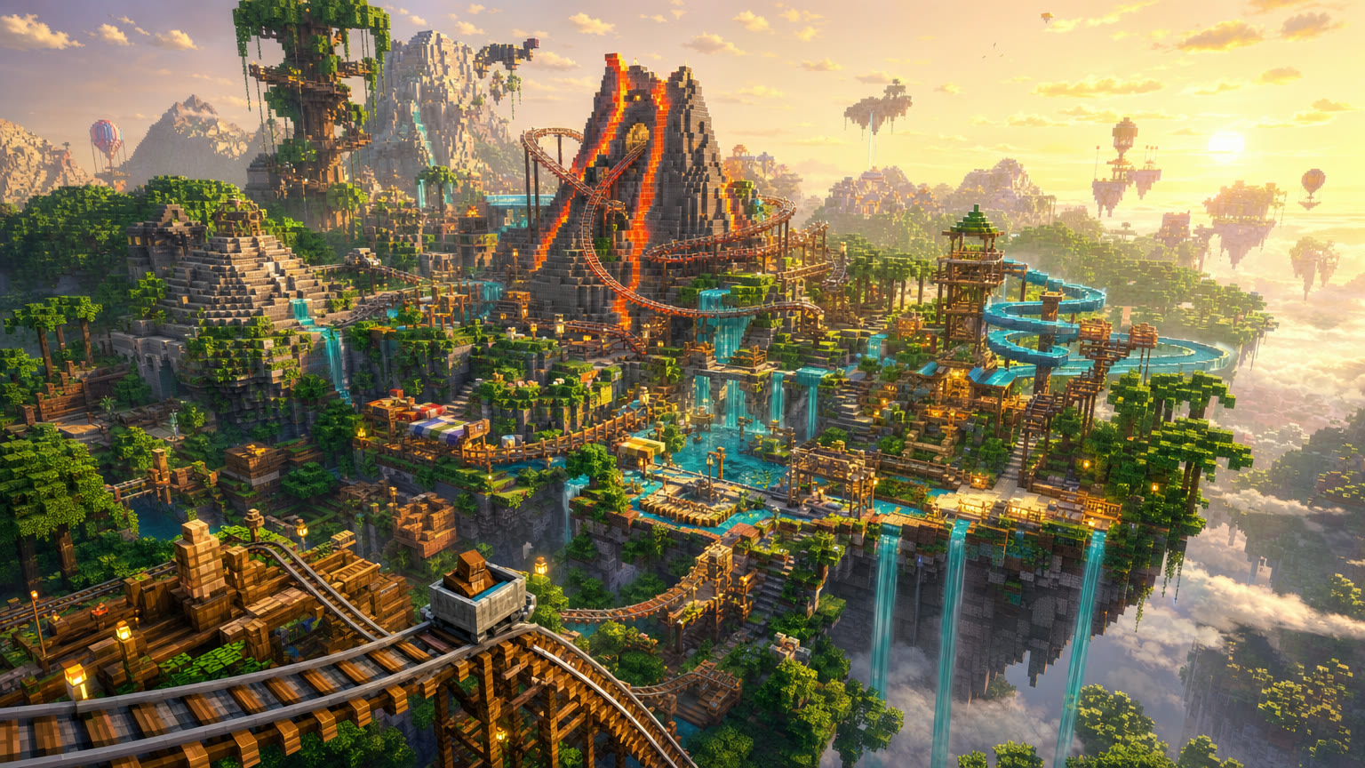 AI concept art of a Minecraft-inspired island with a volcano coaster, waterfalls, and tropical water slides